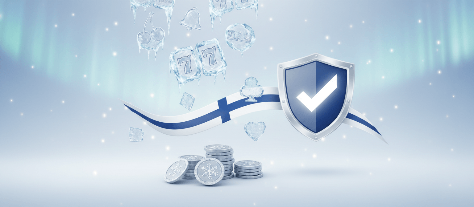 Jaatyneet kolikkopelisymbolit Suomen lipun ja suojakilven kanssa kuvastavat luotettavaa pelitarjontaa