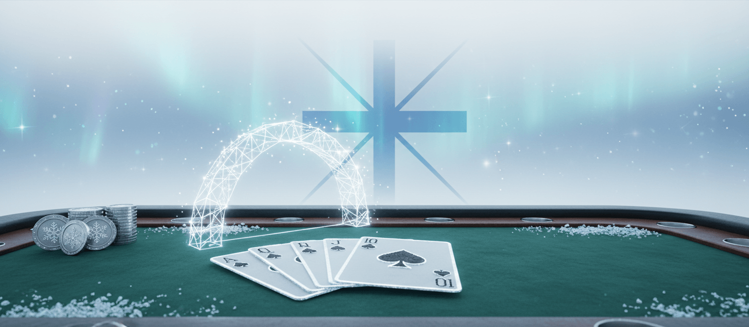 Pokeripoyta kuningasflush-korttikaedellae ja Suomen risti revontulien taustalla