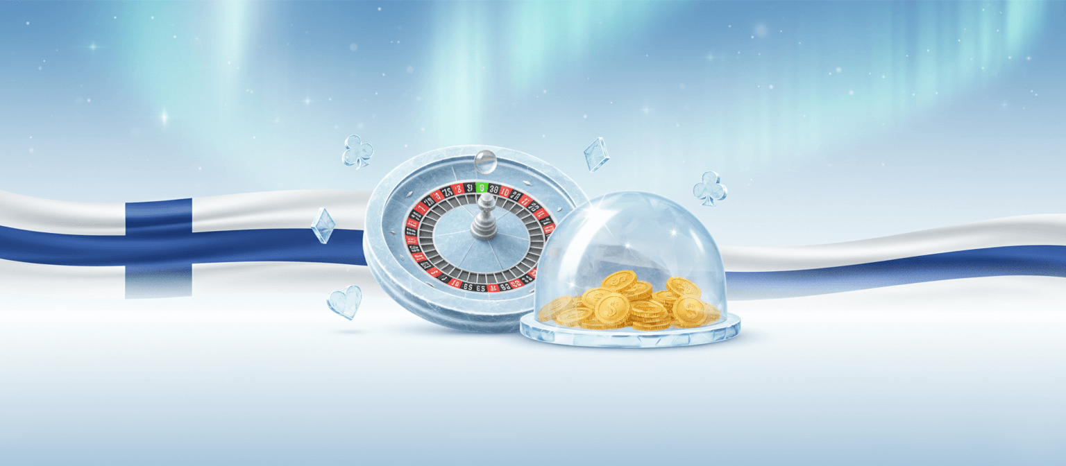 Rulettipyora Suomen lipun edessa ja kultakolikot lasikuvun alla kuvastavat suomalaisia nettikasinoita