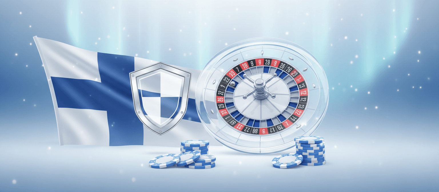 Suomen lippu, suojakilpi ja rulettipyora kuvastavat turvallista lisensoitua pelaamista